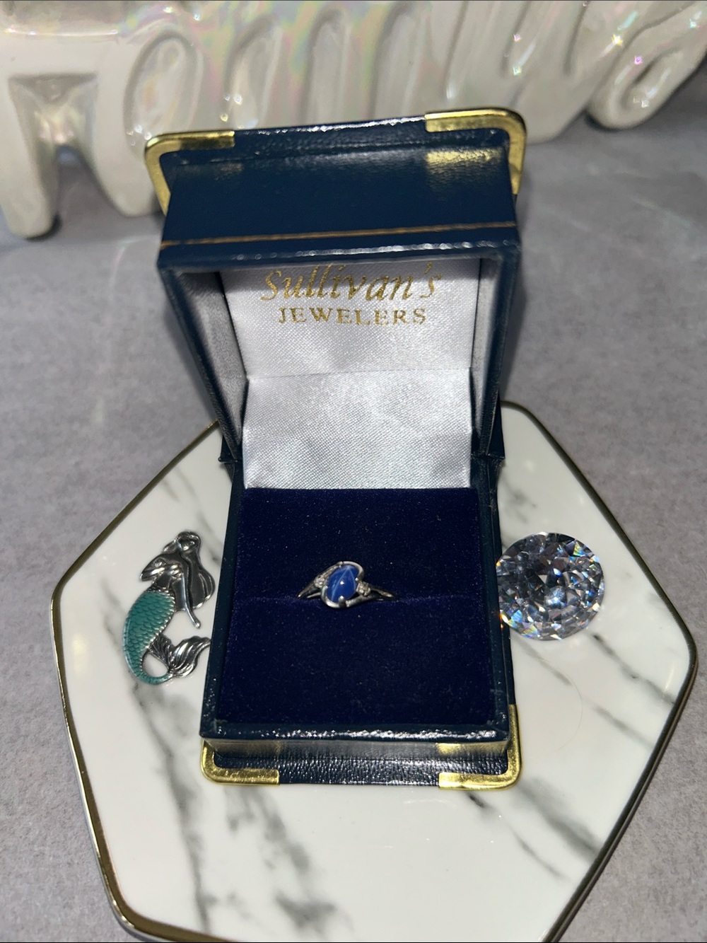 Auth Vintage Star Sapp 10k WHITE GOLD 5mm cabochon tdw diam .05 S= 6 Send Offer